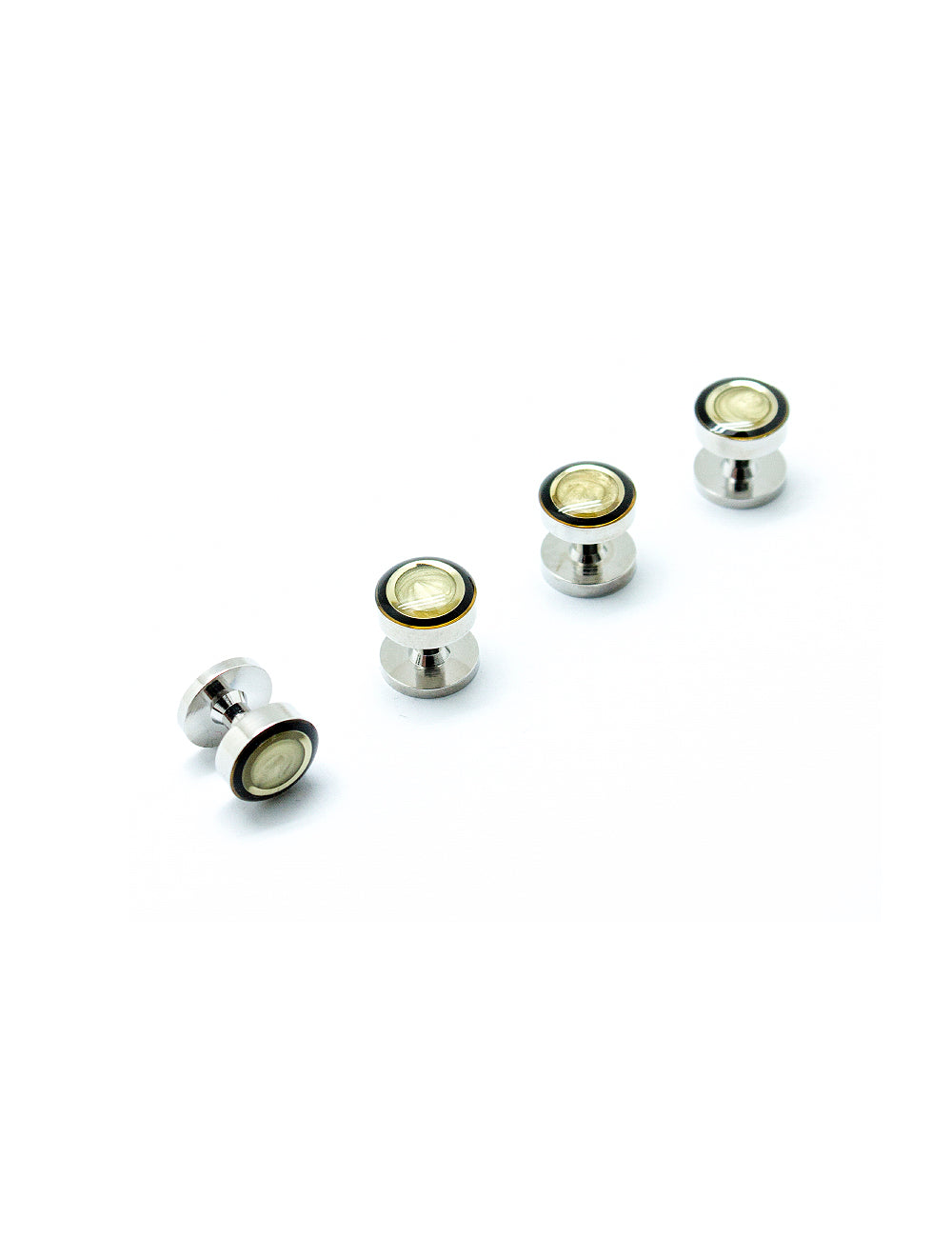 S111FE-001_1 Yellow Swirl with Black Circle Enamel in Silver Tuxedo Studs Set - 图片 1