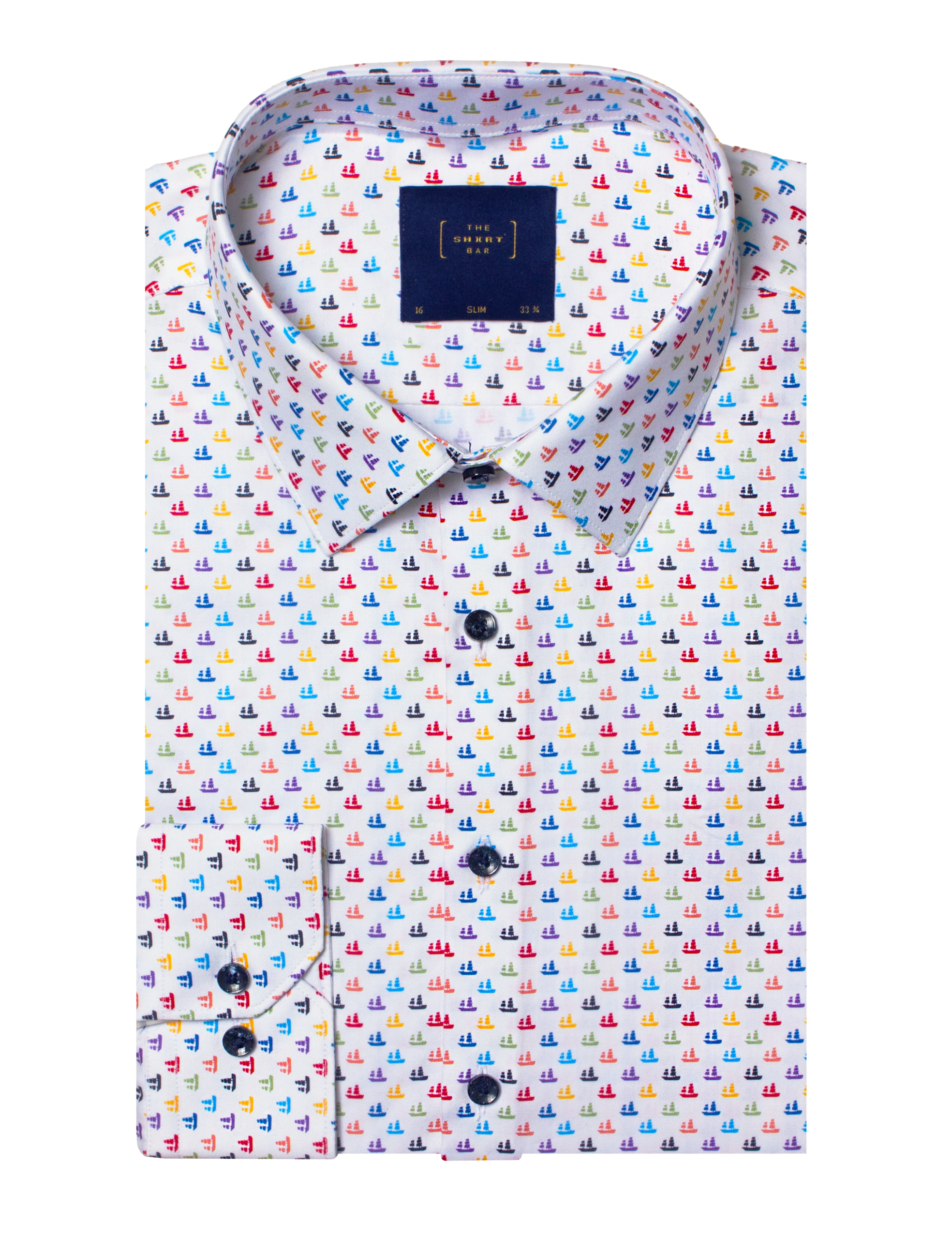 SF2AF1.31_1 White Junk Boat Print Silky Finish Slim Fit Shirt - 图片 1