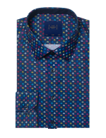 Navy Blue Junk Boat Print Silky Finish Slim Fit Shirt